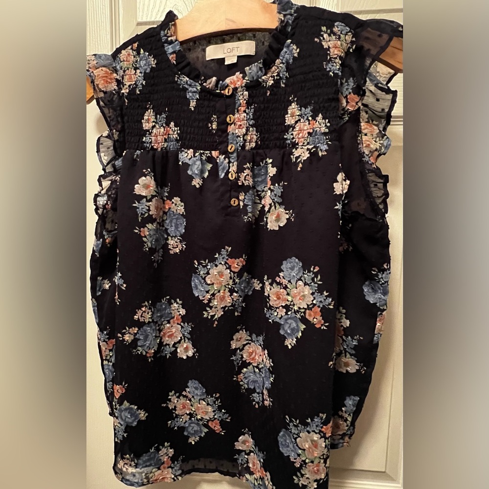 Loft floral sleeveless top with ruffle neck